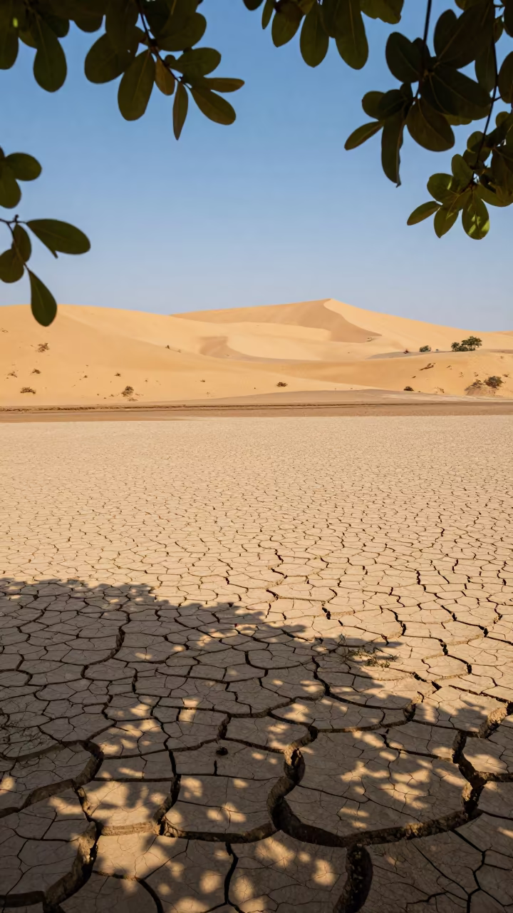Cracked Mud Valley Floor Transitions to Sand Dunes in across a wide valley floor in Laos