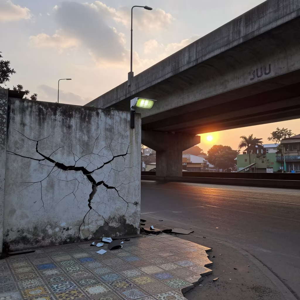 Cracked Mural Beneath Juhu Underpass Morning Light in beneath a flickering underpass light in Juhu, Mumbai