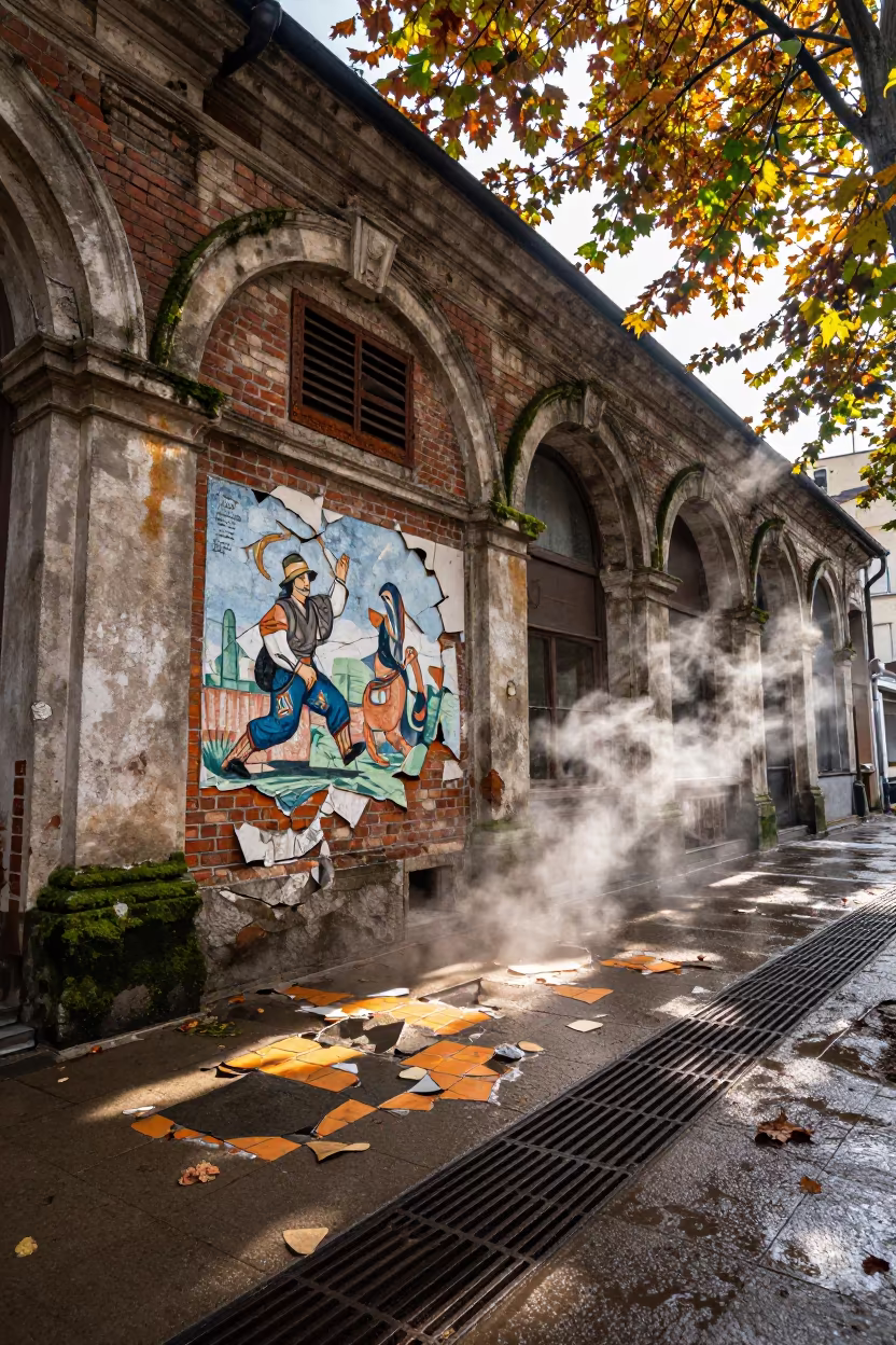 Cracked Mural and Broken Tiles in Nyiregyhaza Arcade in along a shuttered arcade in Nyíregyháza