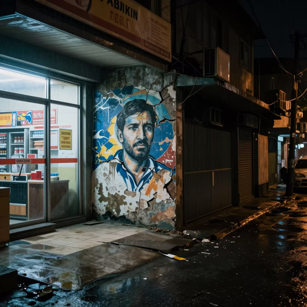 Cracked Mural Rim Light Night Sukkur in outside a fluorescent convenience store in Sukkur