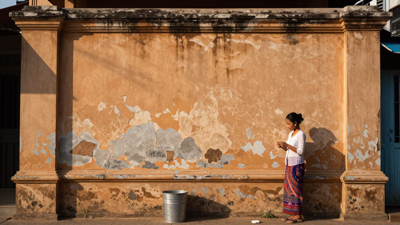 Cracked Painted Stucco and Metal Bucket in Late Morning Phnom Penh Street Scene in in Phnom Penh, Cambodia
