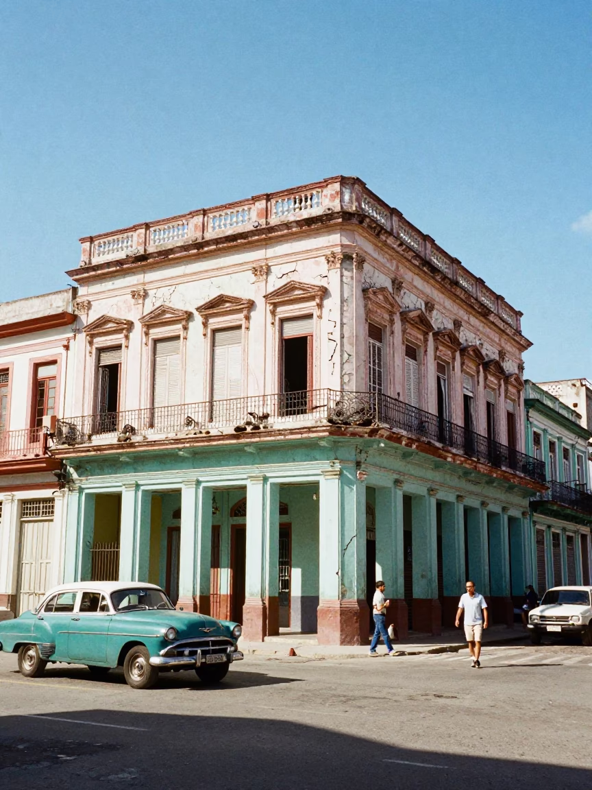 Cracked Painted Stucco Facade and Busy Street Scene in Havana Cuba at Noon in in Havana, Cuba