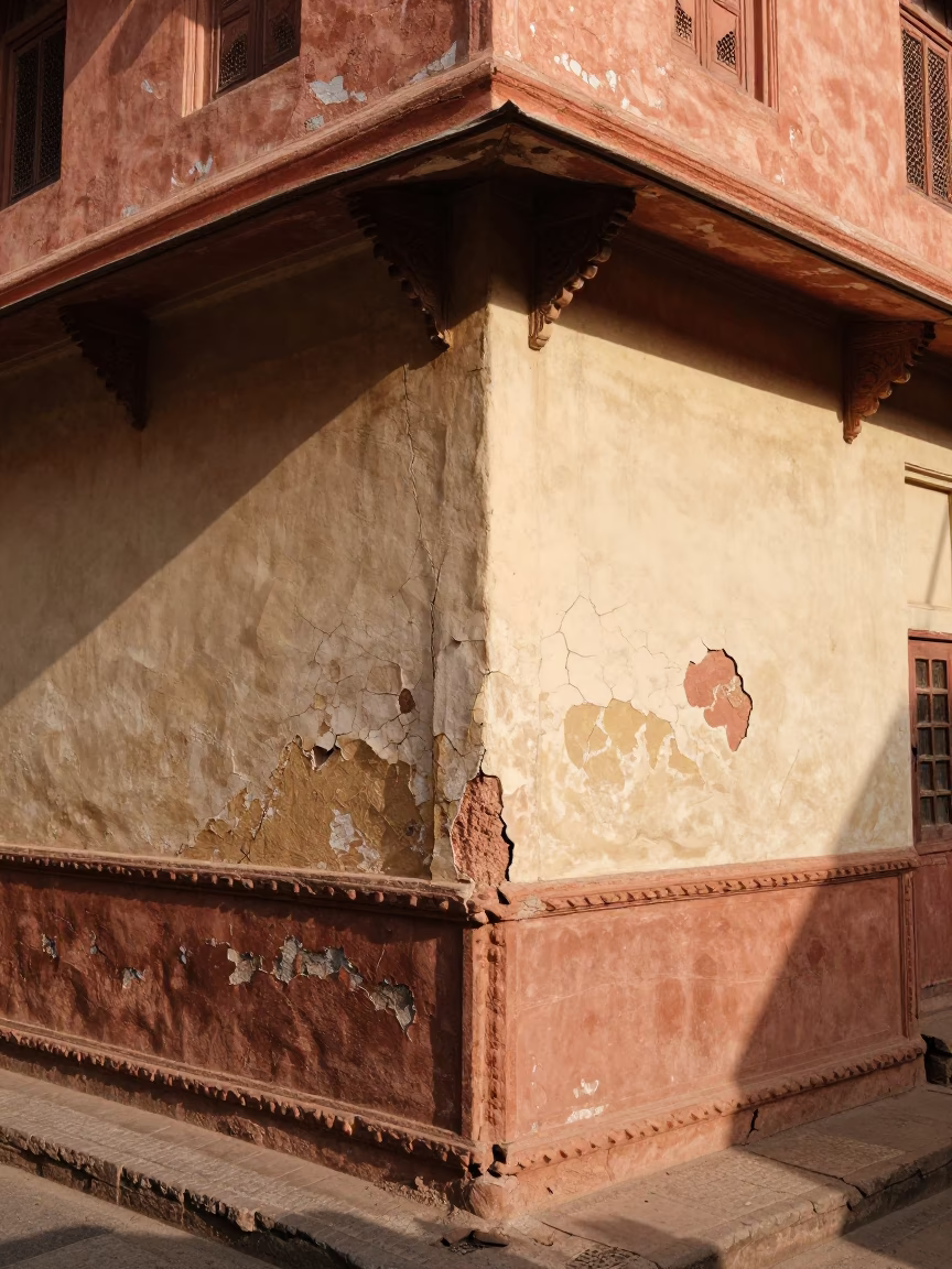 Cracked Painted Stucco Facade in Jaipur India Early Afternoon Sunlight in in Jaipur, India