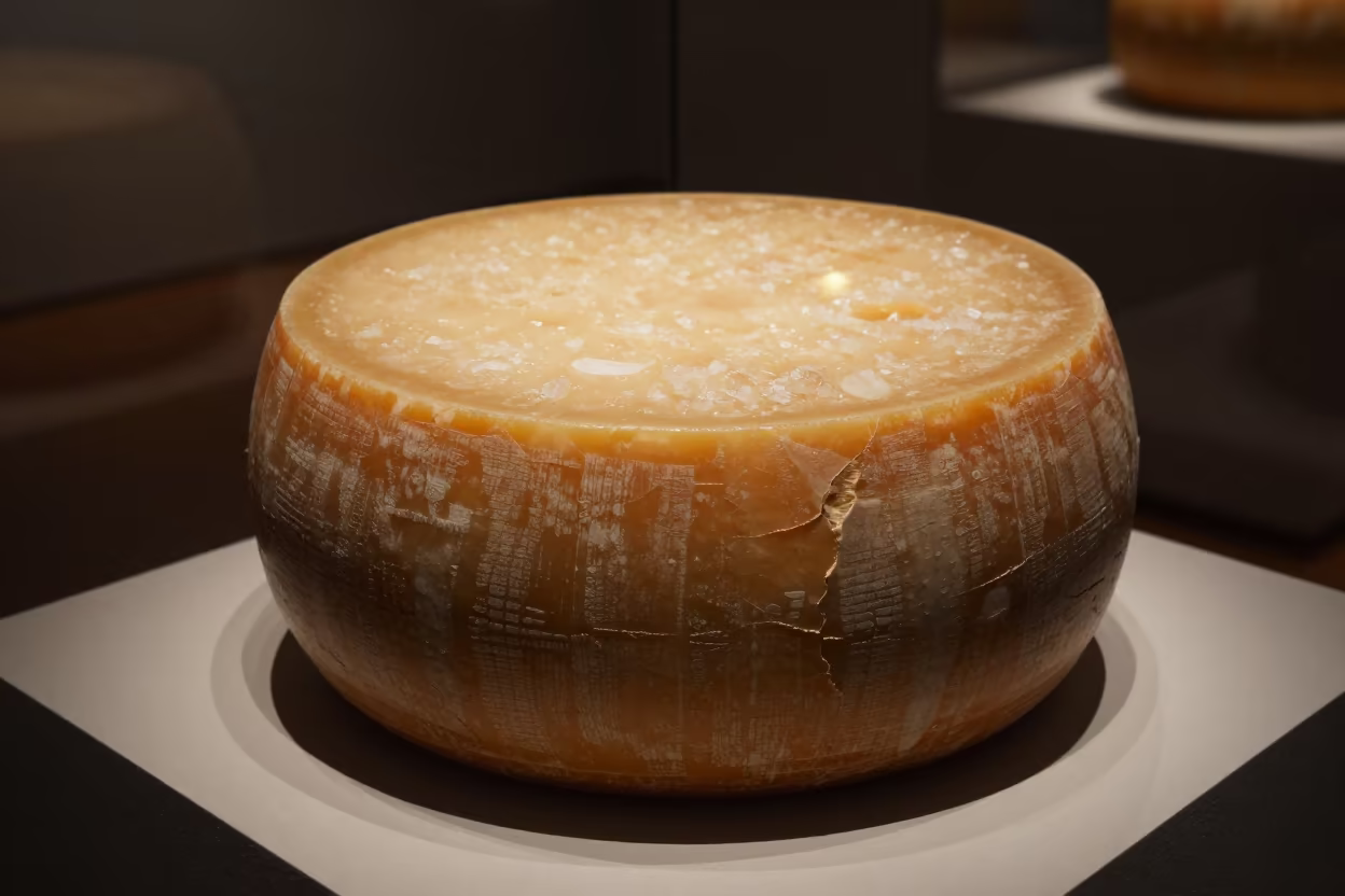 Cracked Parmesan Wheel on Museum Plinth in on a museum plinth in Nanchang