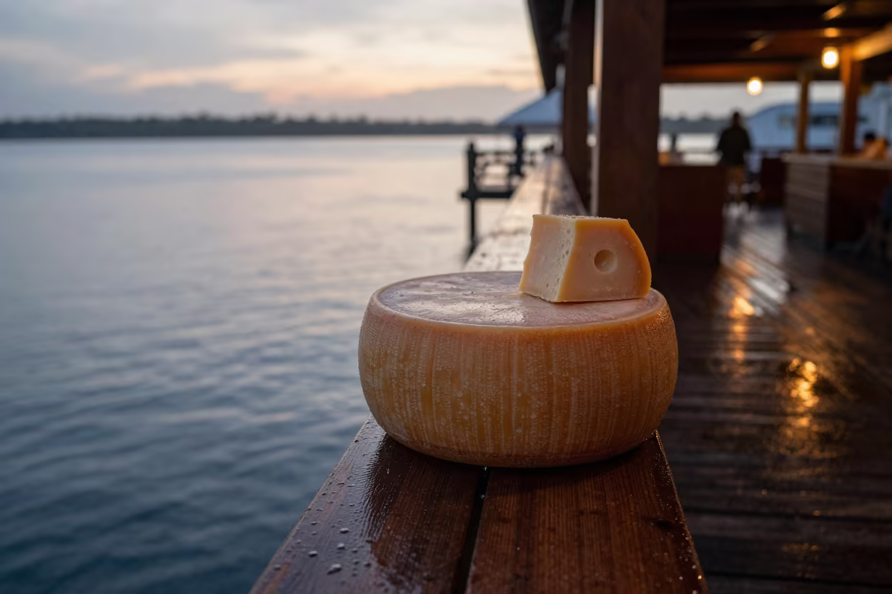 Cracked Parmesan Wheel on Pier Railing in on a pier railing near Kinshasa