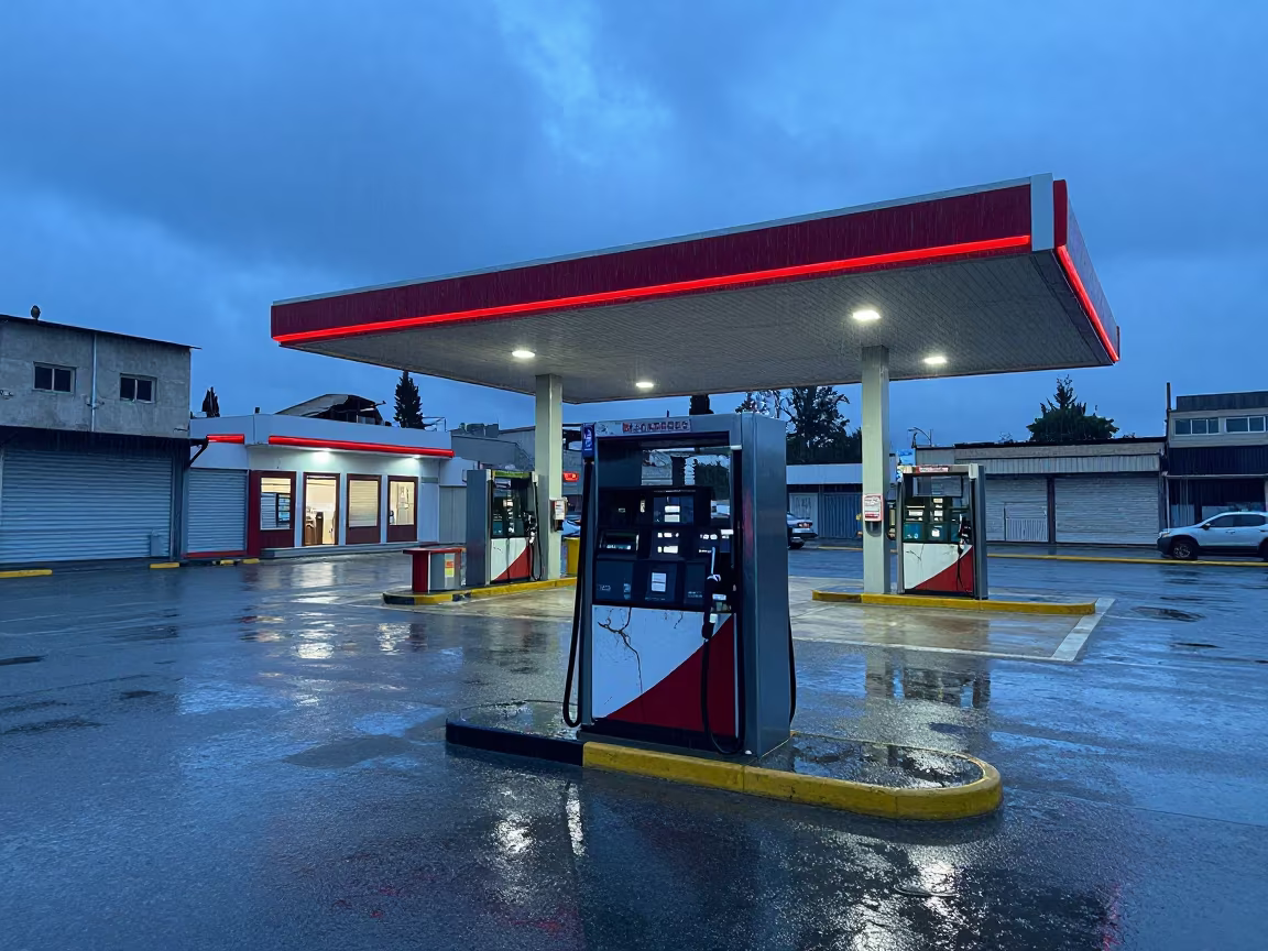 Cracked Pumps at Blue Hour in Douma in along a shuttered arcade in Douma