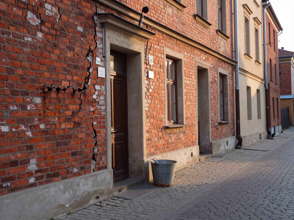 Cracked Rusty Wall and Metal Bucket in Krakow Alley After Sunrise in in Krakow, Poland