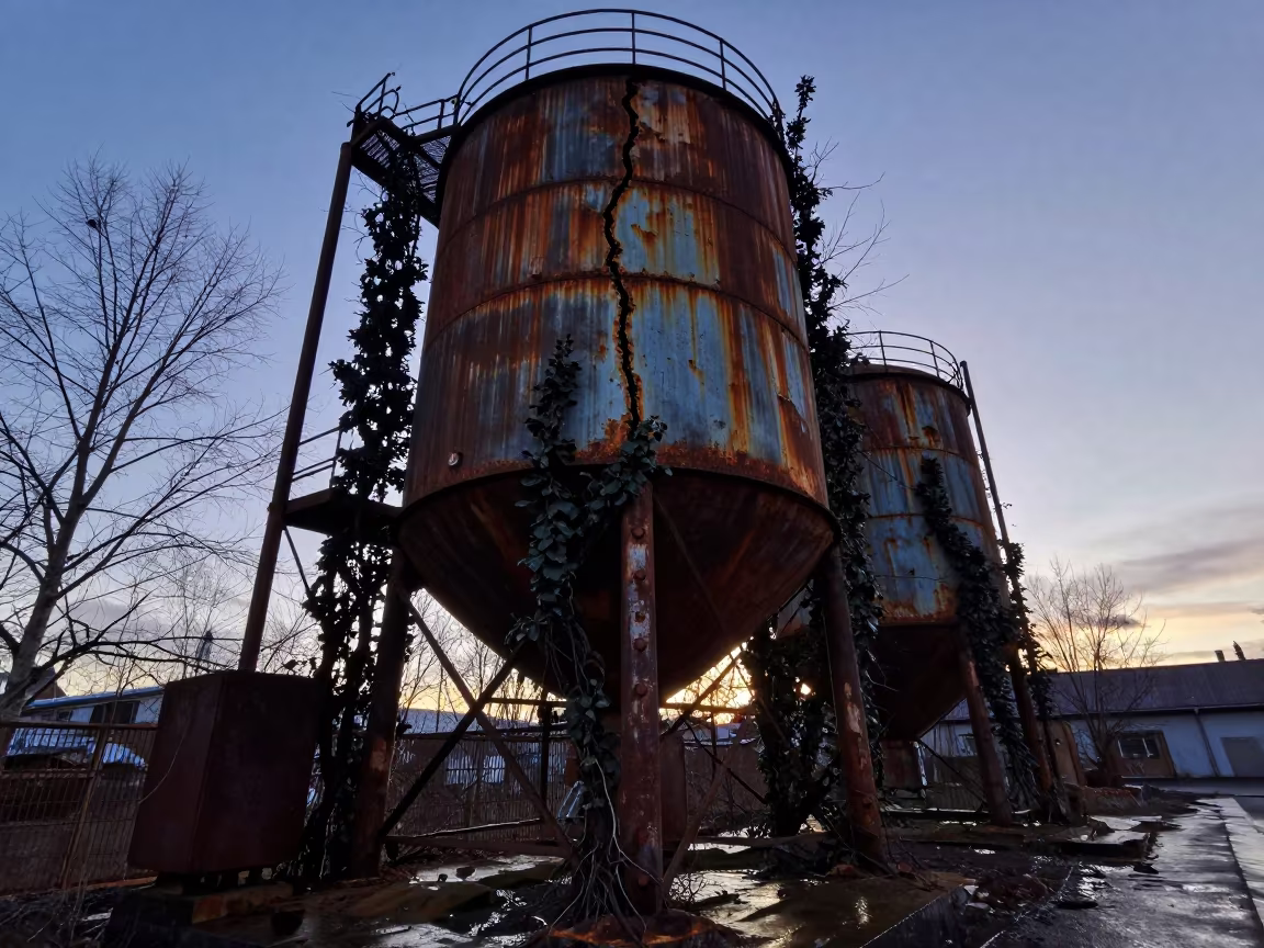 Cracked Silo Silhouette in Kamchatka Twilight in along a vine-choked corridor in Kamchatka