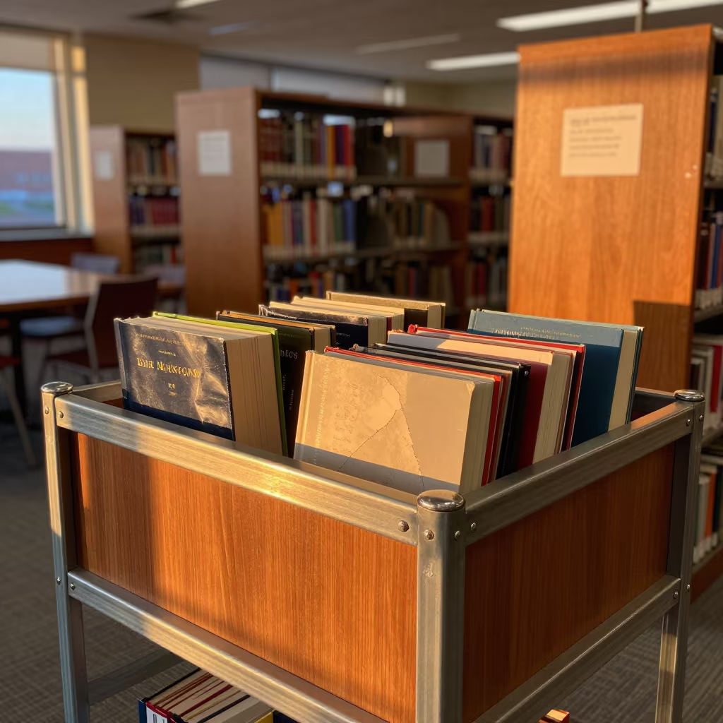 Cracked Spine Novels in Amber Library Light in inside a campus library reading room in Hartford