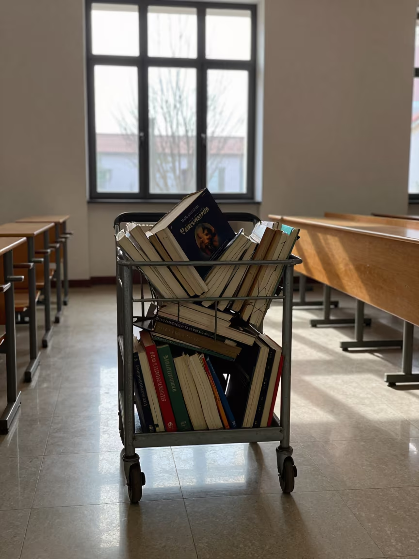 Cracked Spine Novels in Palermo Library Cart in in a lecture hall before the crowd arrives near Palermo