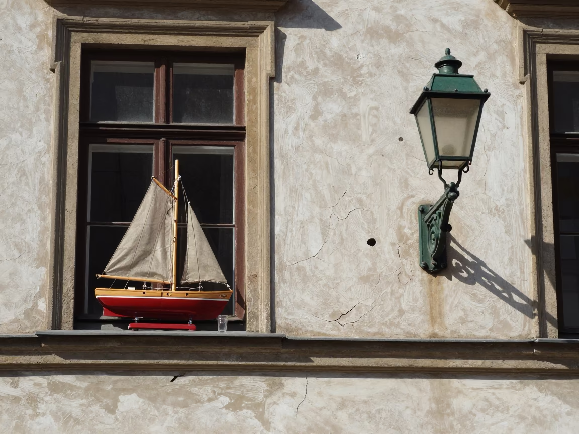 Cracked Stucco and Green Banker Lamp in Historic Krakow Poland Midmorning in in Krakow, Poland