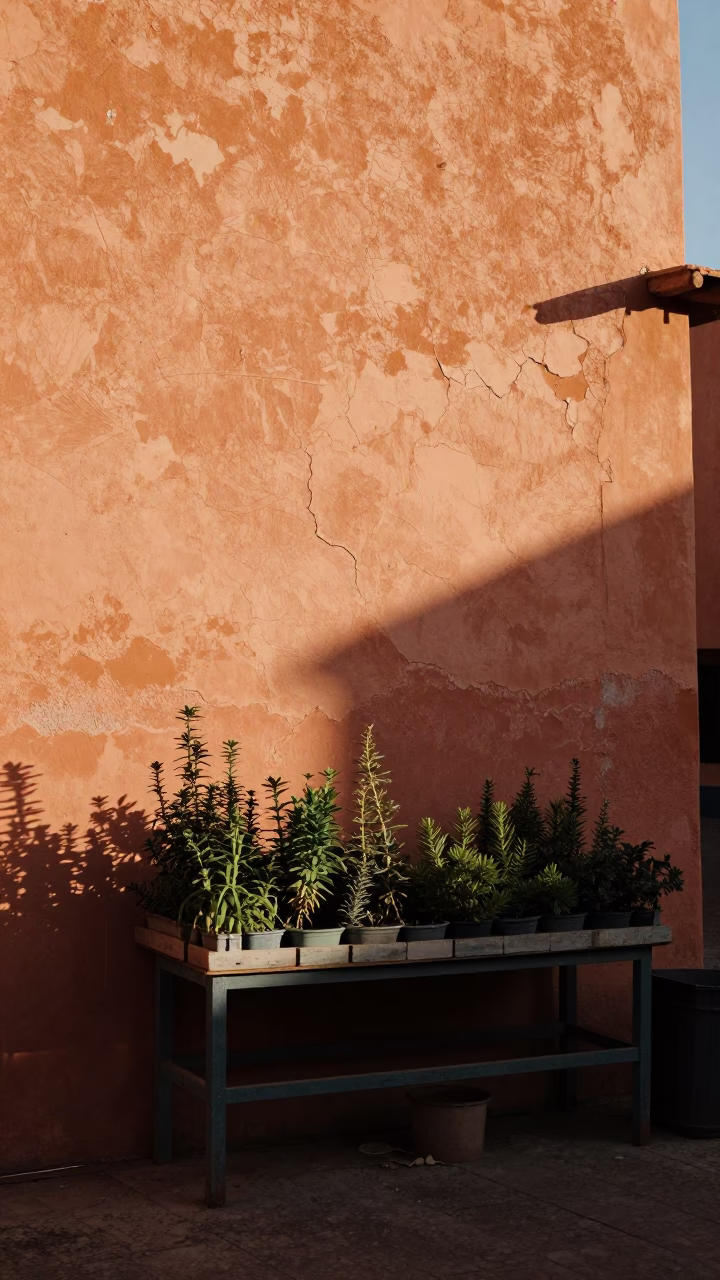 Cracked Stucco and Herb Stall in Marrakech Late Afternoon Light in in Marrakech, Morocco