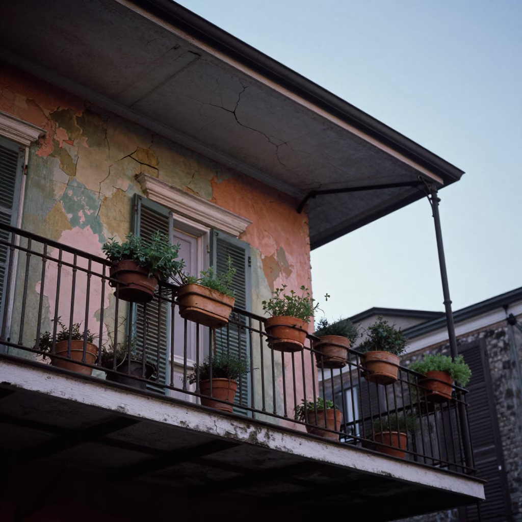 Cracked Stucco French Quarter Balcony in New Orleans in in New Orleans, Louisiana, United States