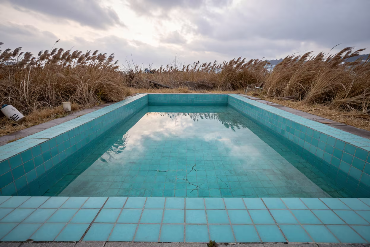 Cracked Turquoise Pool in Reclaimed Busan Courtyard in through a courtyard reclaimed by grasses near Busan