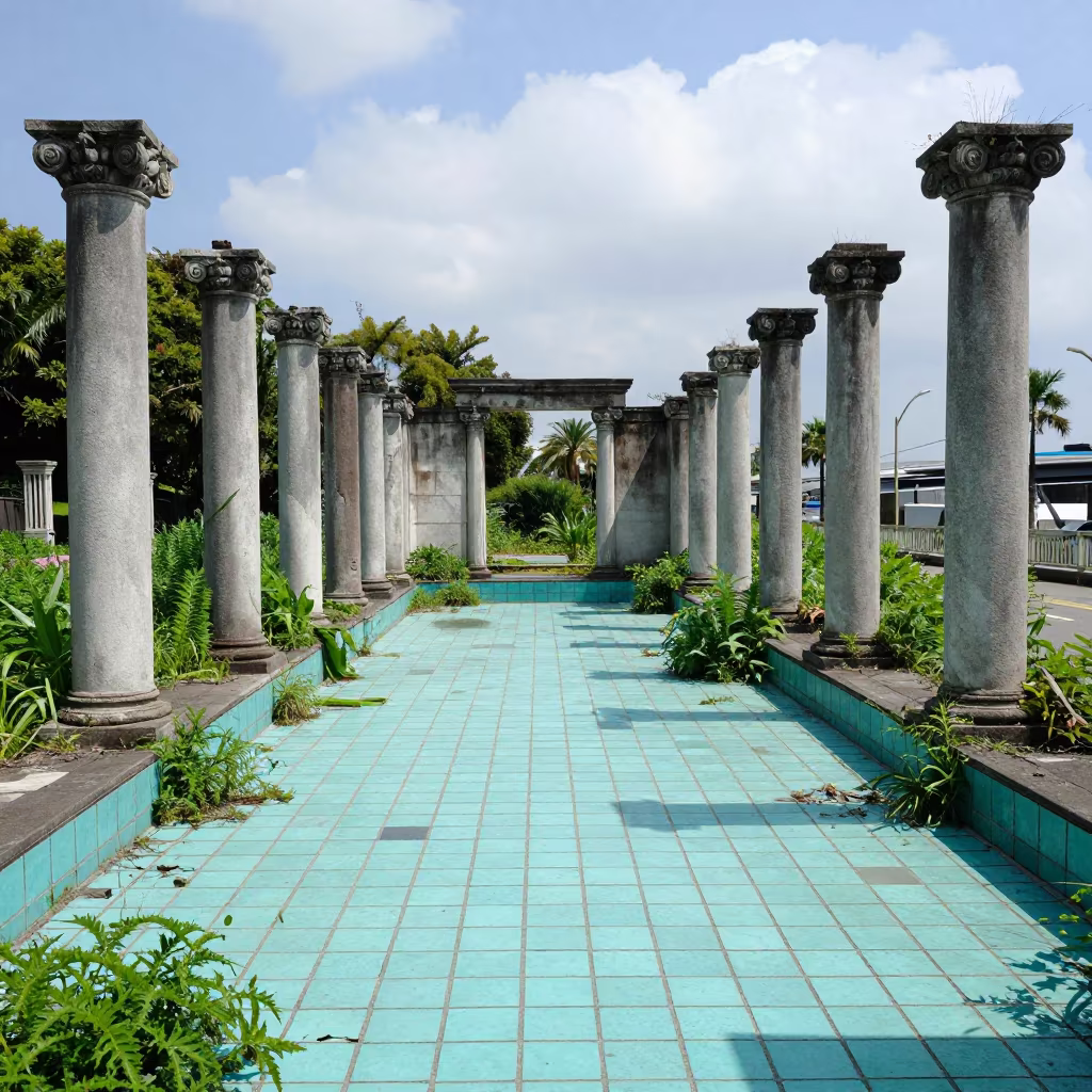 Cracked Turquoise Pool Amid Ruins in Yokohama in among toppled columns and nettles near Yokohama