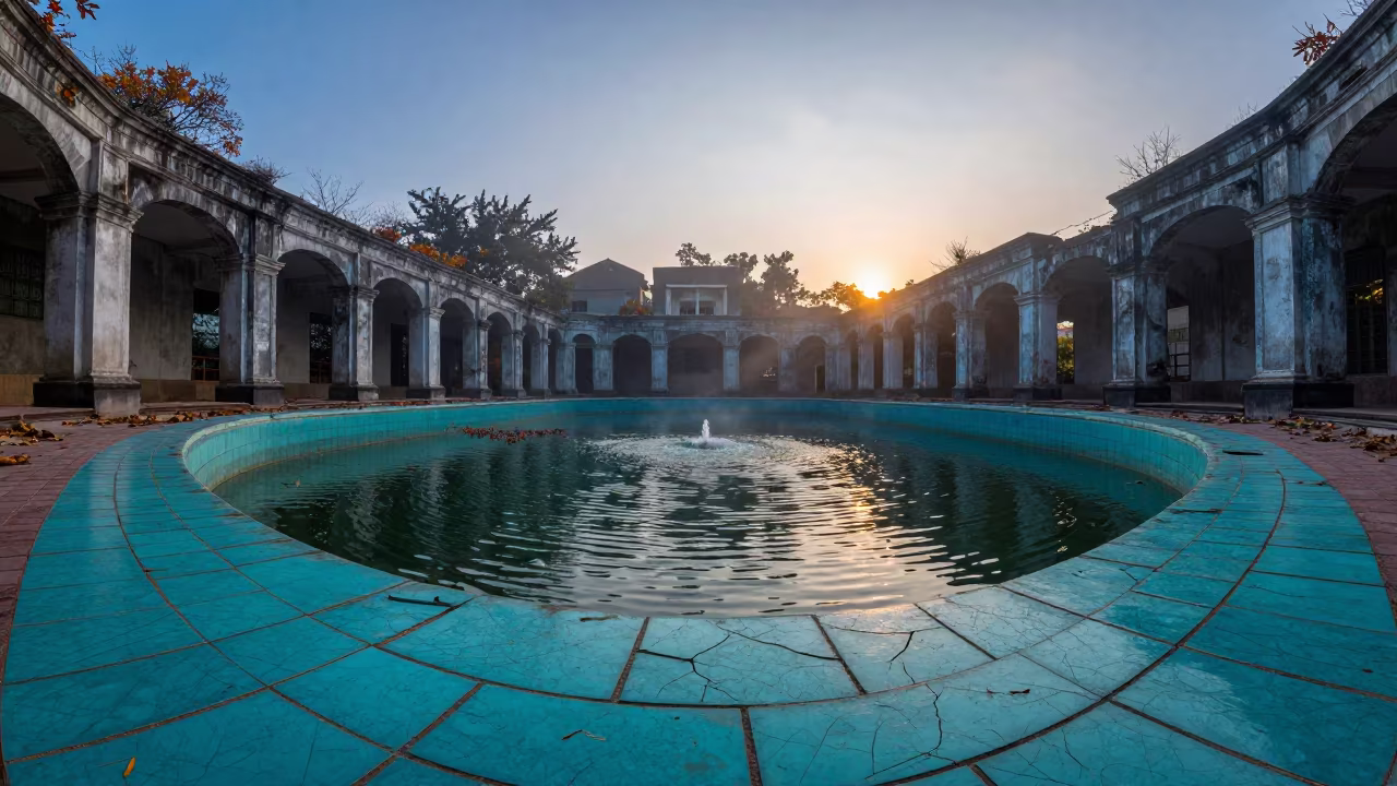 Cracked Turquoise Pool in Wanhua Ruins in among collapsed cloisters near Wanhua, Taipei