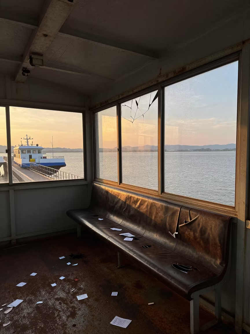 Cracked Window Cable Car Terminus Sunset in across a remote ferry crossing in Chubu