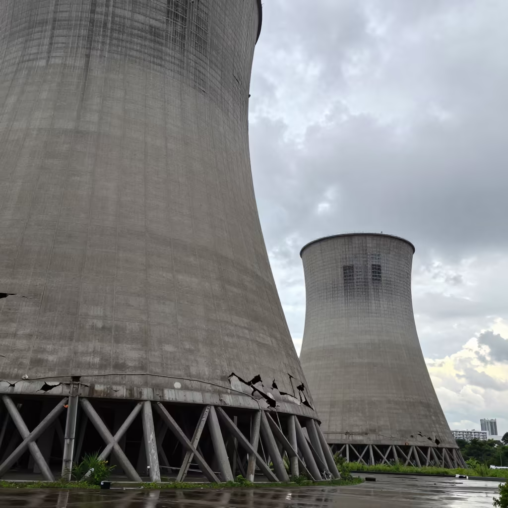 Cracking Cooling Tower in Monsoon Light in beside exposed structural steel near Taichung