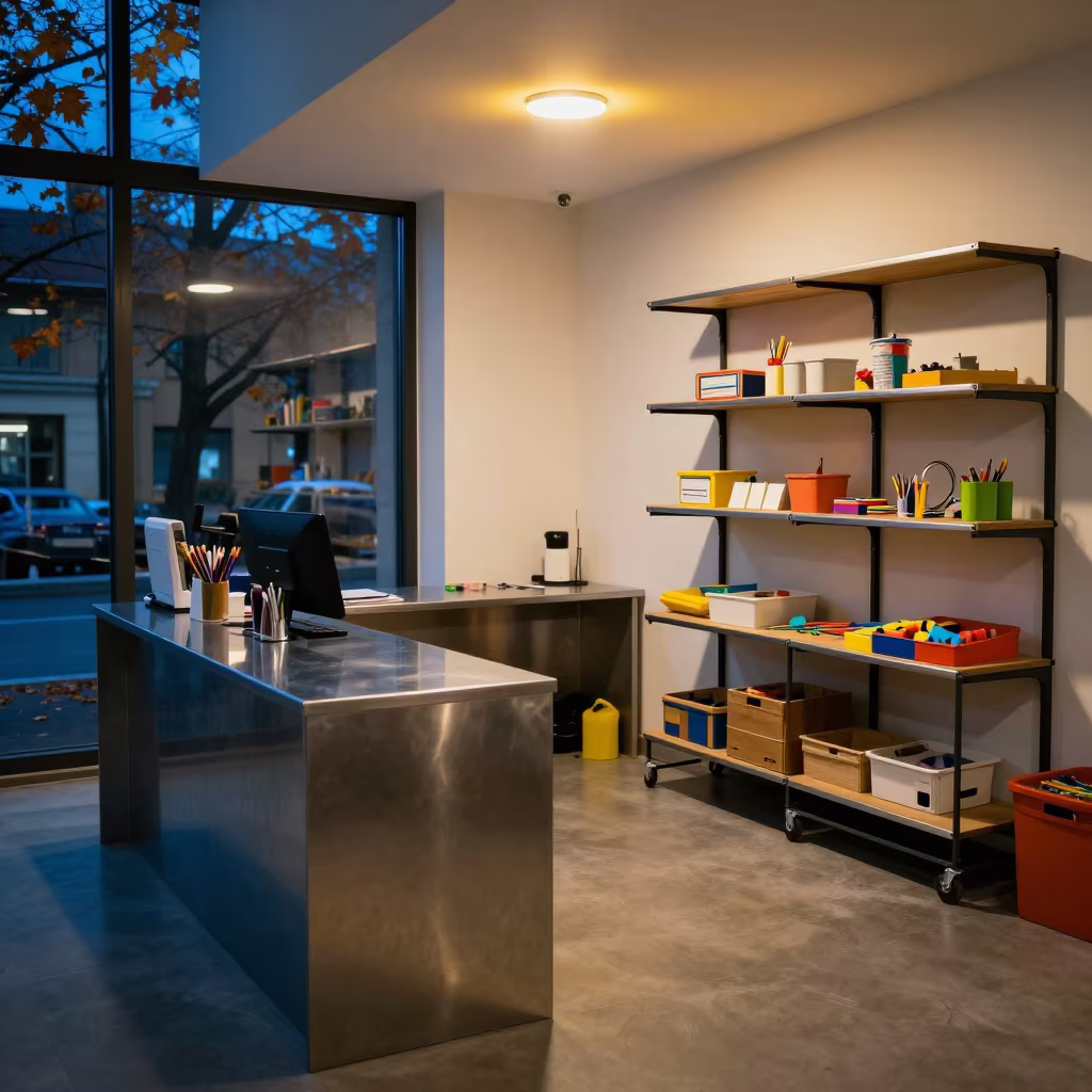 Craft Cart Under Neon Light at Timisoara Reception in at a reception desk under warm light in Timisoara