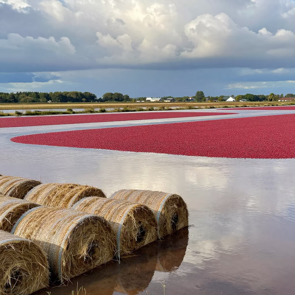 Cranberry Bog Flooded Harvest Burgundy Hay Bales in beside stacked hay bales in Burgundy