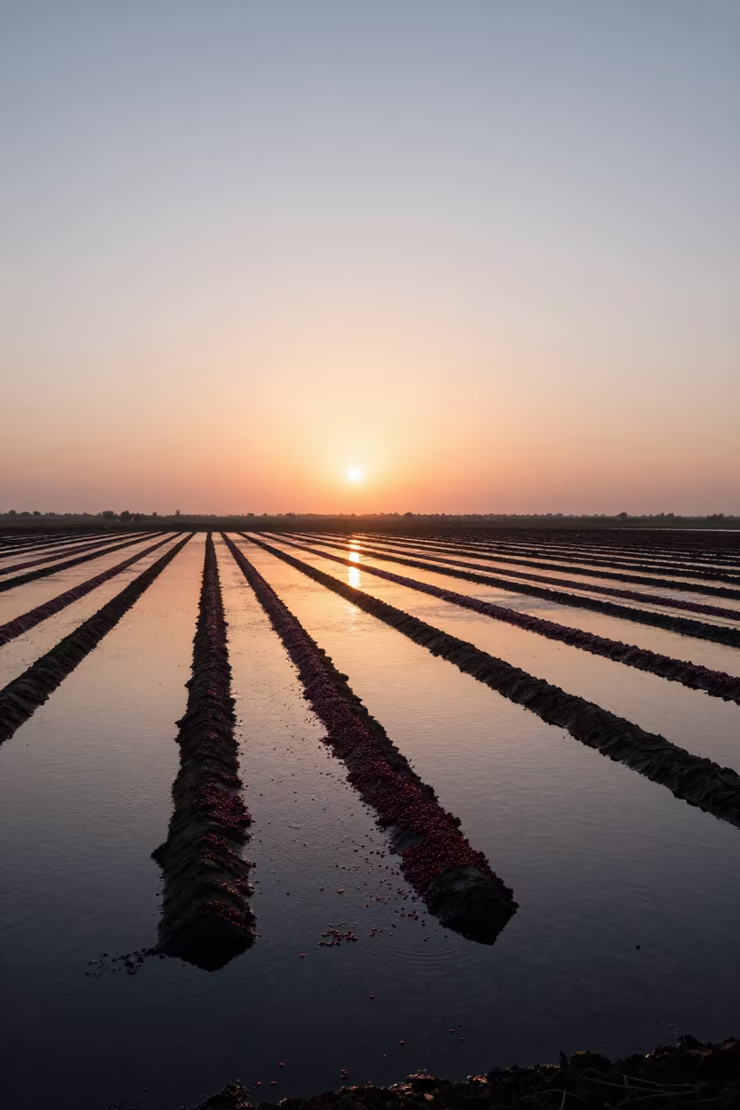 Cranberry Bog Flooded Rows Kuwait Autumn Harvest in along freshly irrigated rows in Kuwait