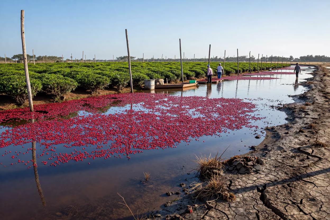 Cranberry Bog Flooded for Harvest in Bahia in at the edge of a tea plantation in Bahia