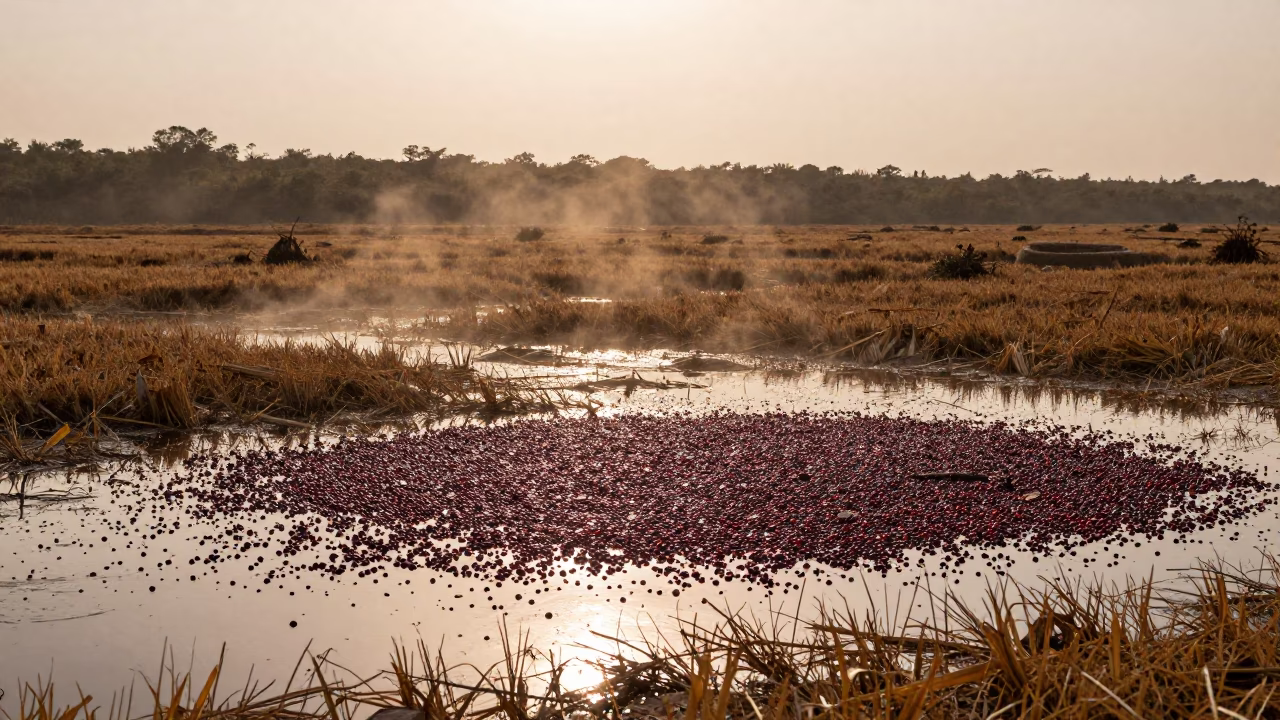 Cranberry Bog Flooded for Harvest in Colombia in across a harvested grain field in Colombia