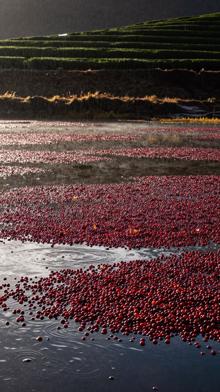 Cranberry Bog Harvest at Dawn in Tibet in at the edge of a tea plantation in Tibet