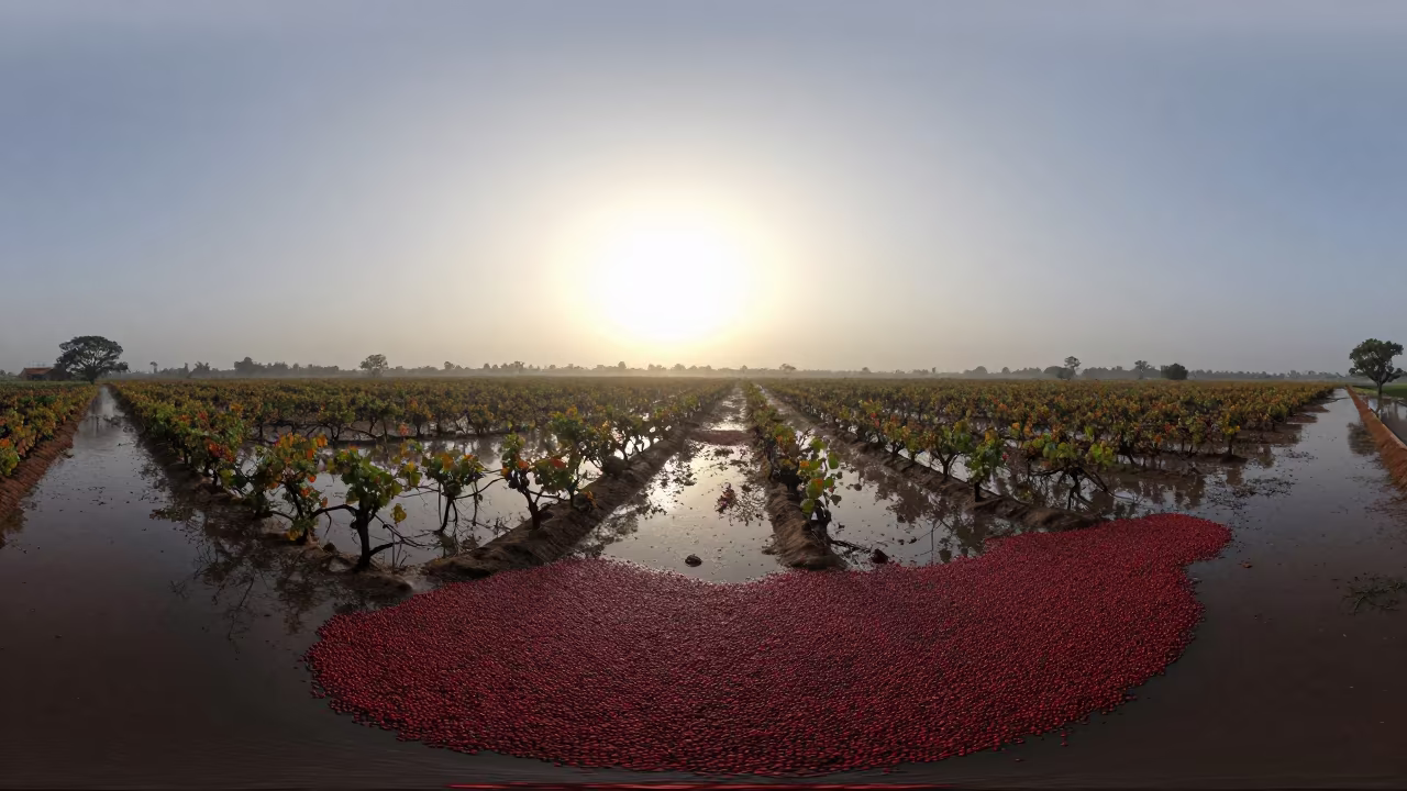 Cranberry Bog Harvest at Kaolack Dawn in between vineyard trellises in Kaolack