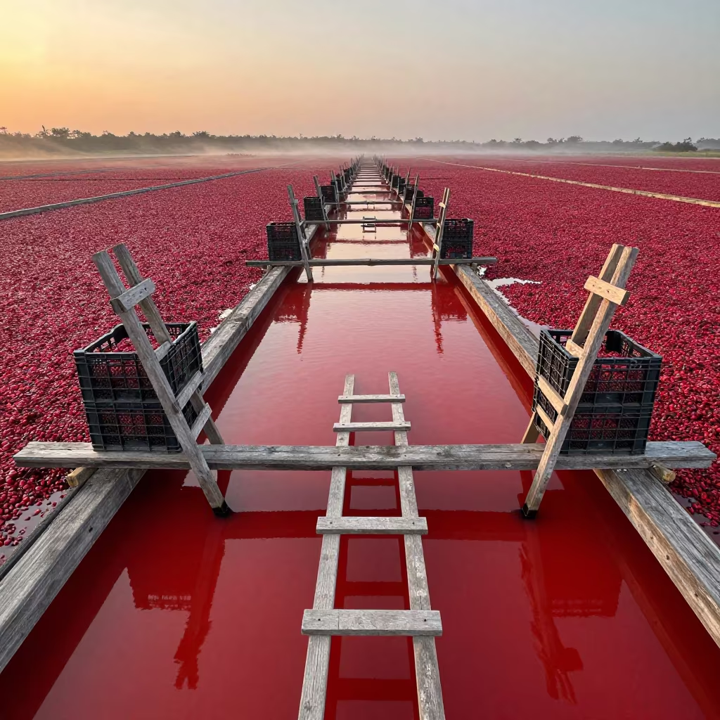 Cranberry Bog Harvest in Madagascar Evening in among orchard ladders and crates in Madagascar