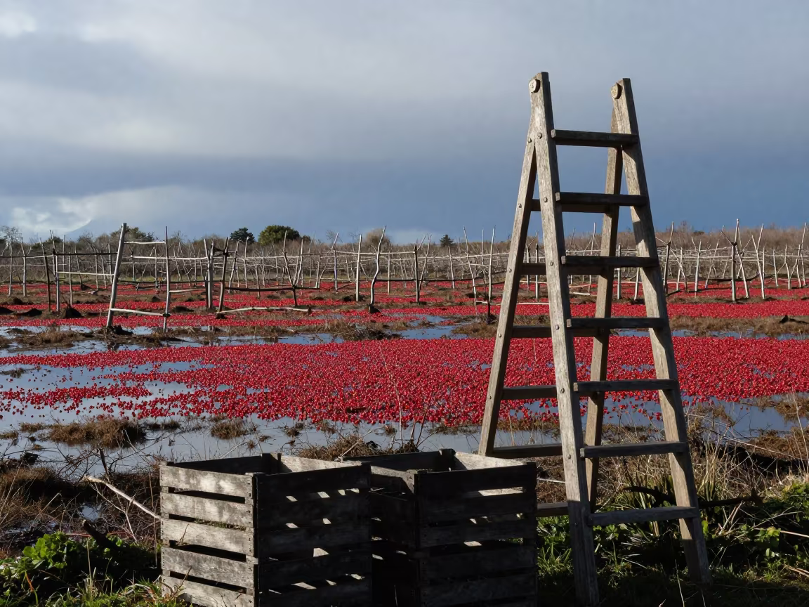 Cranberry Bog Harvest Silhouette in Greek Orchard in among orchard ladders and crates in the Greek Islands