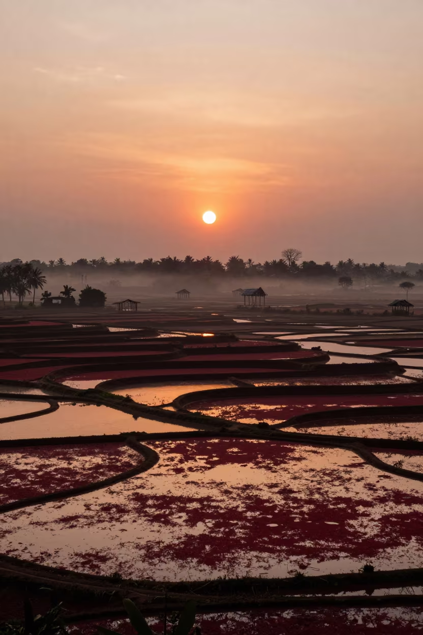 Cranberry Bog Harvest at Sunset in Holguin Rice Paddies in among terraced rice paddies in Holguin