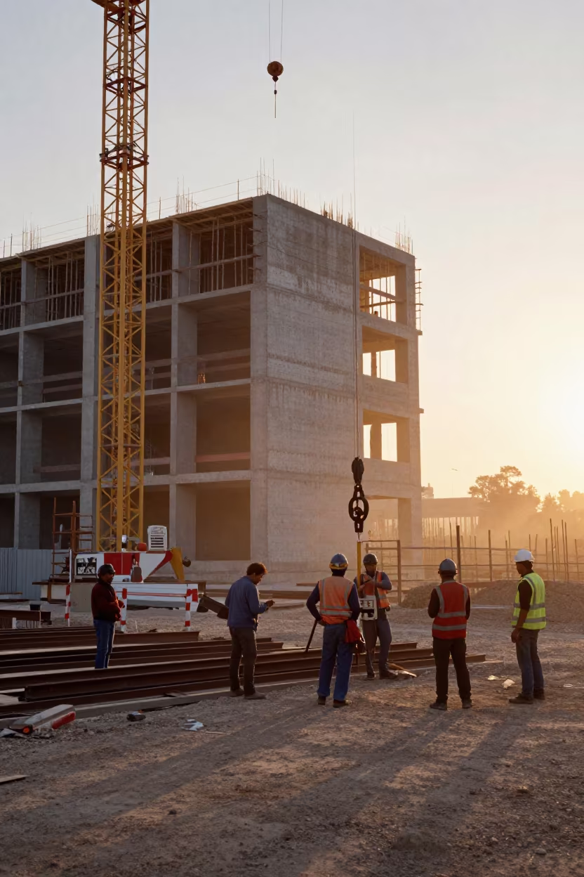 Crane Anemometer Case Before Construction Crews in beside a framed building shell in Algeria