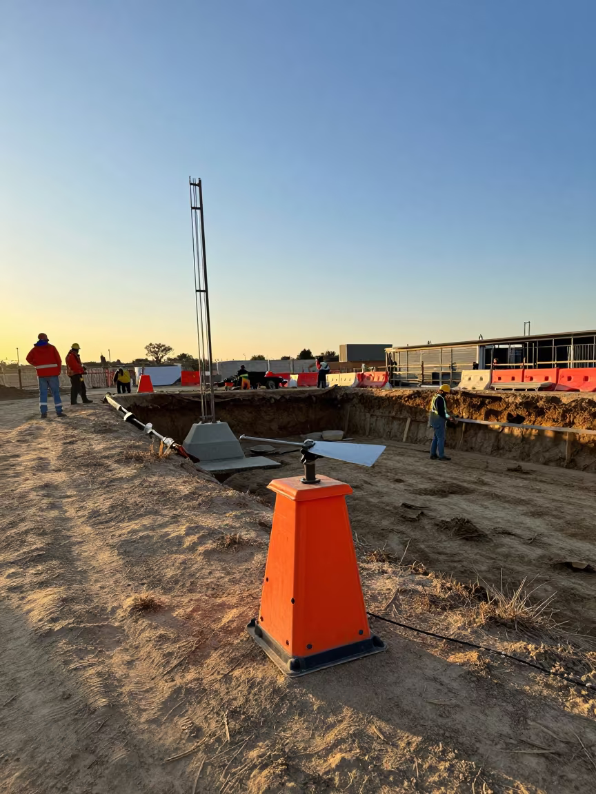 Crane Anemometer Case Before Crews in inside a taped-off excavation edge in United States