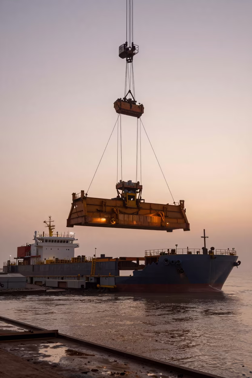 Crane Barge Lifting Bridge Sections Over Omani Tidal Inlet in beside a tidal inlet in Oman