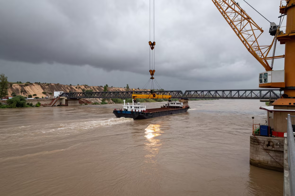 Crane Barge Lifting Bridge Over Monsoon River in on a wind-scoured ridge near Gaziantep
