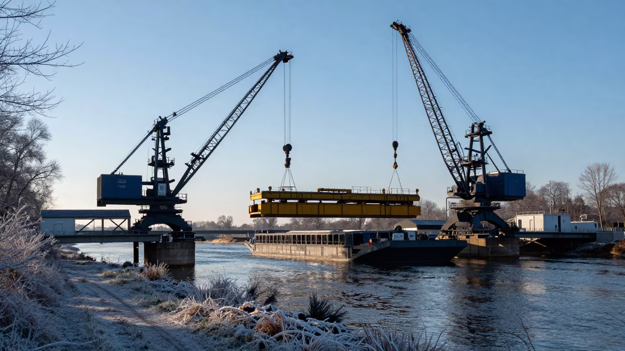 Crane Barge Lifting Bridge Over River at Noon in along a game trail near Kandahar