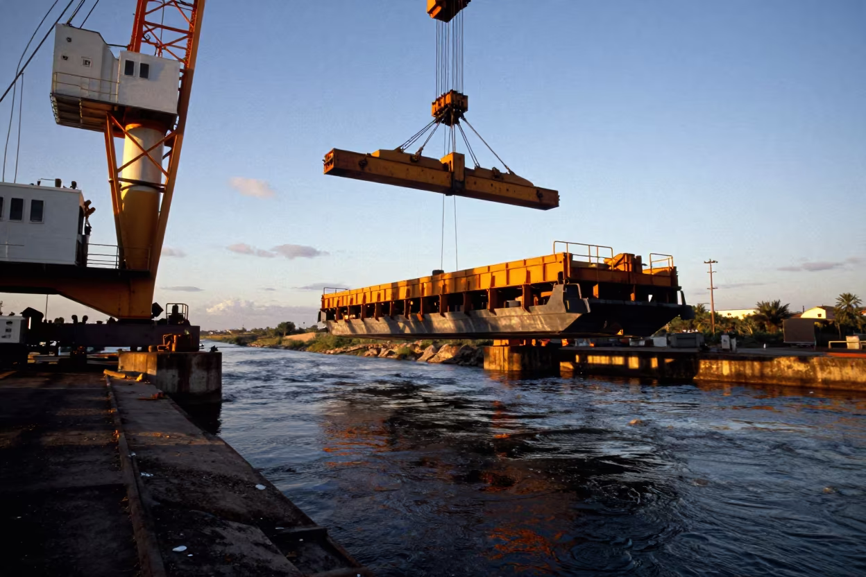 Crane Barge Lifting Bridge Sections Over Glacial Stream in above a glacial stream near Matamoros