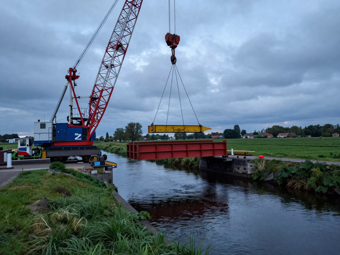 Crane Barge Lifts Bridge Over Dutch Glacial Stream in above a glacial stream in Netherlands