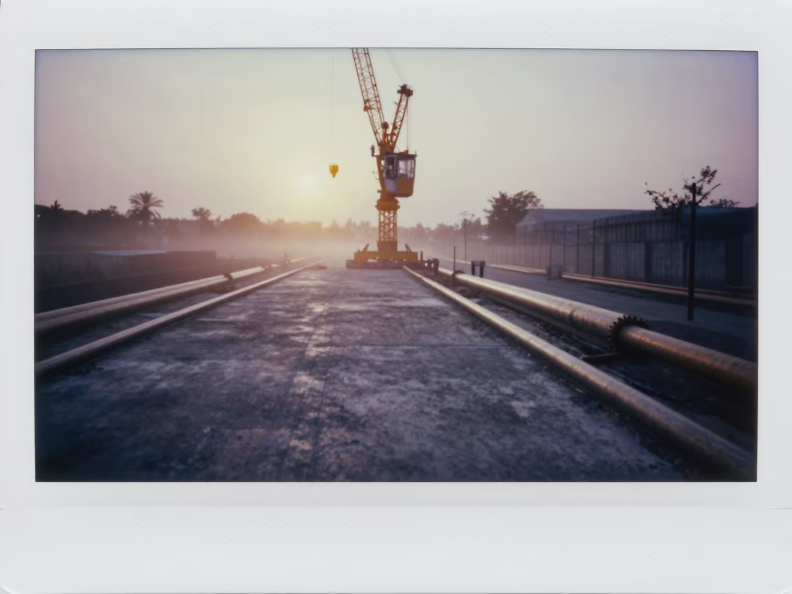 Crane Cabin Over Half-Poured Slab at Dawn in along a service road lined with pipes near Cayenne