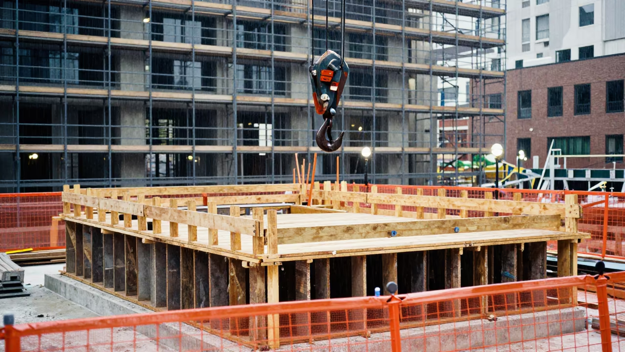 Crane Hook Above Pittsburgh Formwork Fence in along a scaffolded facade in Pittsburgh