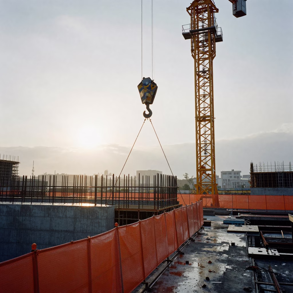 Crane Hook Over Excavation in Late Summer Rain in inside a taped-off excavation edge in Kanto