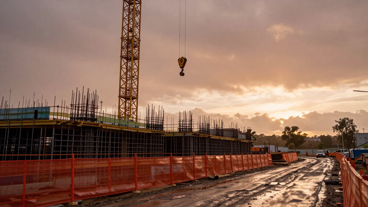 Crane Hook Over Muddy Carrefour Road at Dusk in at a muddy site access road in Carrefour