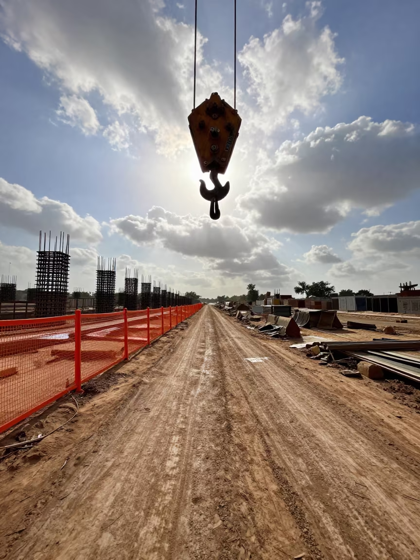 Crane Hook Over Muddy Road Jamnagar Construction in at a muddy site access road near Jamnagar