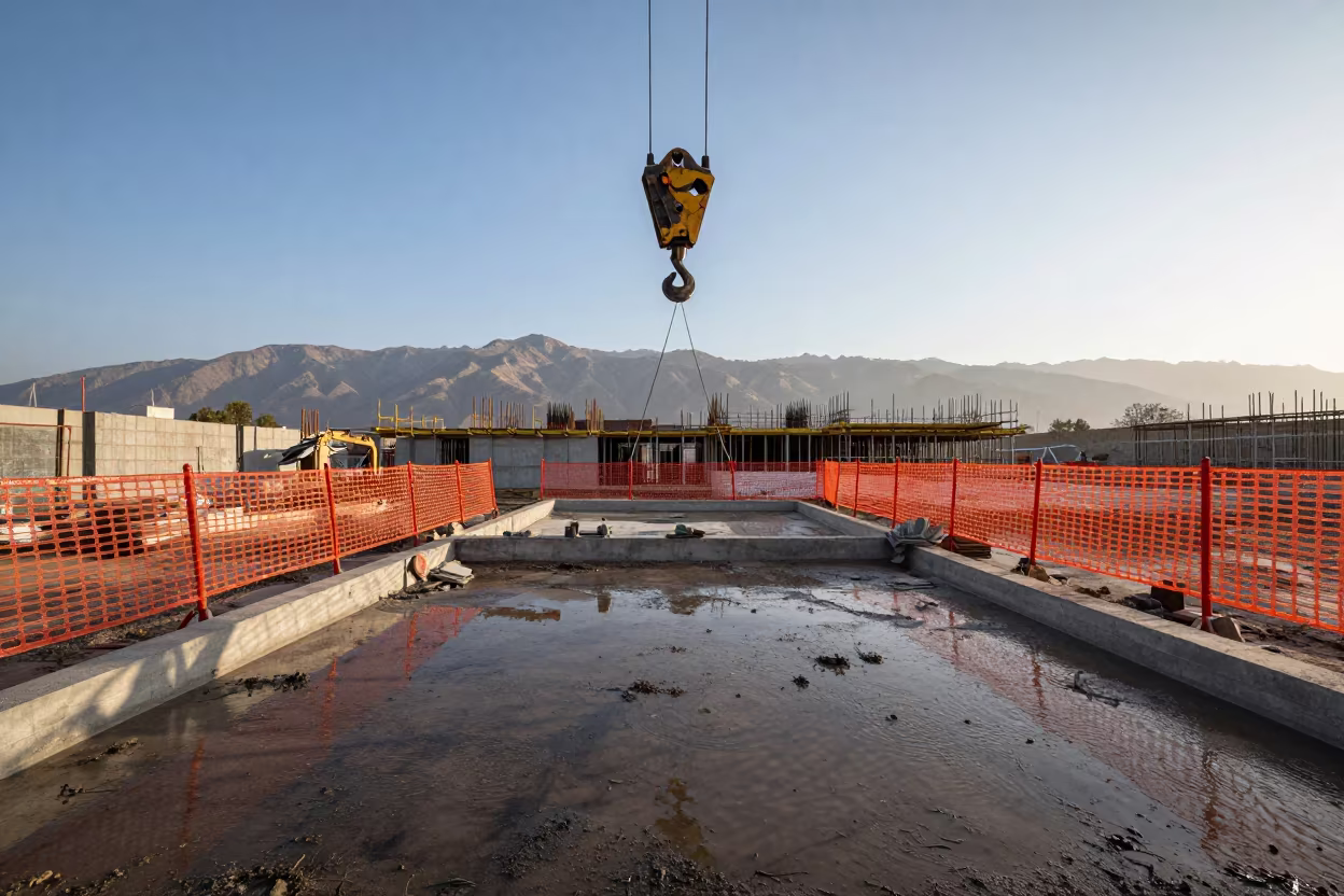 Crane Hook Over Formwork in Afghan Construction Site in beneath a tower crane on open ground in Afghanistan