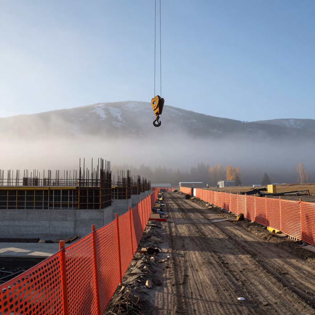Crane Hook Over Formwork in Alberta Mist in beneath a tower crane on open ground in Alberta