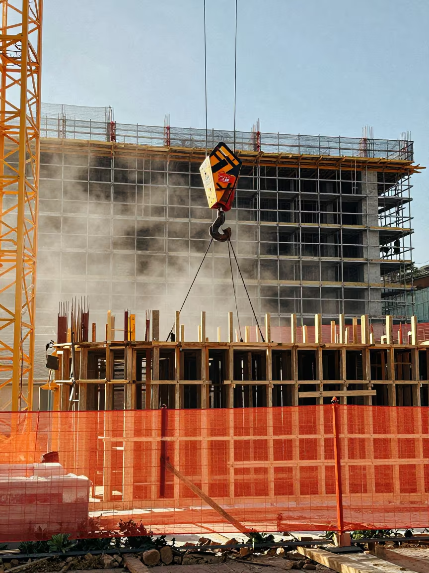 Crane Hook Over Orange Fencing Trinidad in along a scaffolded facade in Trinidad and Tobago