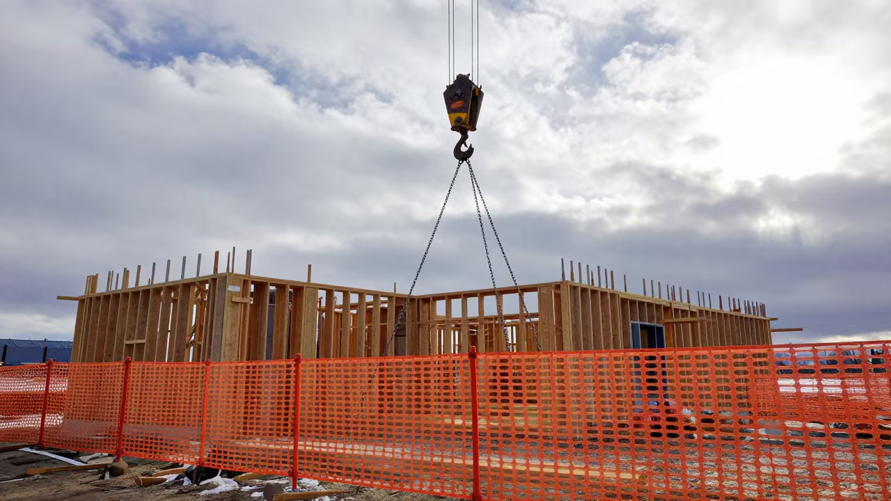 Crane Hook Over Winter Formwork in Idaho in beneath a tower crane on open ground in Idaho