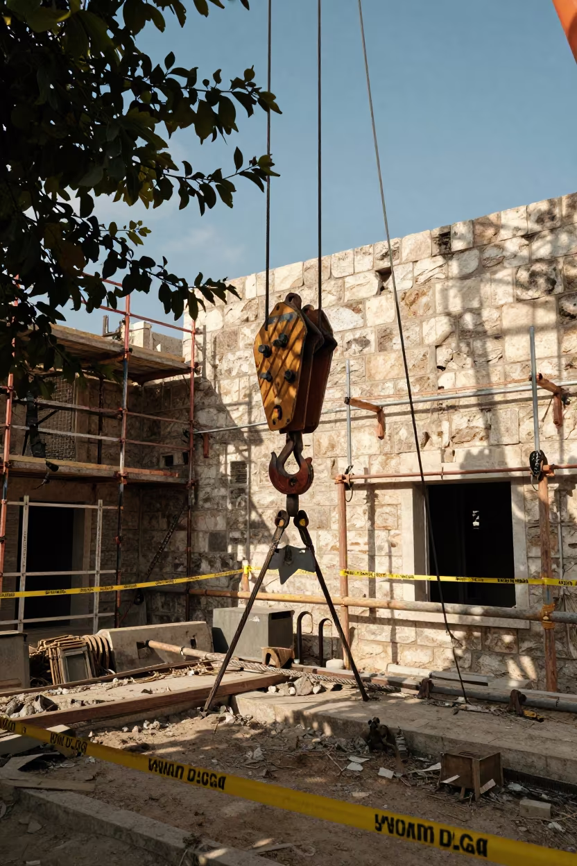 Crane Hook Rigging Under Dappled Light in along a scaffolded facade in Ajloun
