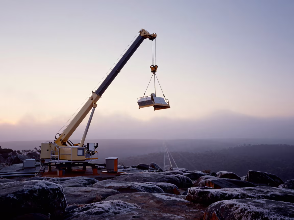 Crane Lifted at Dawn Over NSW Outcrop in along a rocky geology outcrop in New South Wales